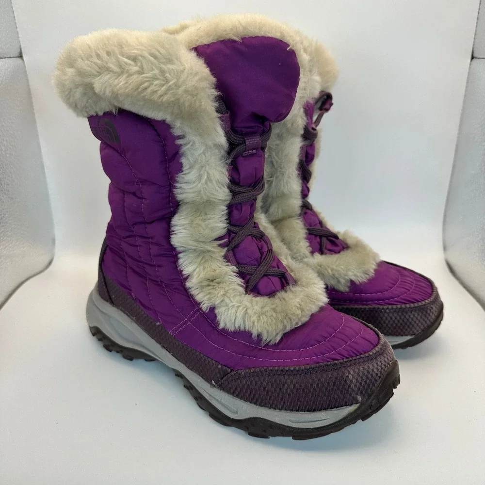 The North Face Snow Boots Kids 1 Purple Faux Fur Trim Quilted Winter Gorpcore